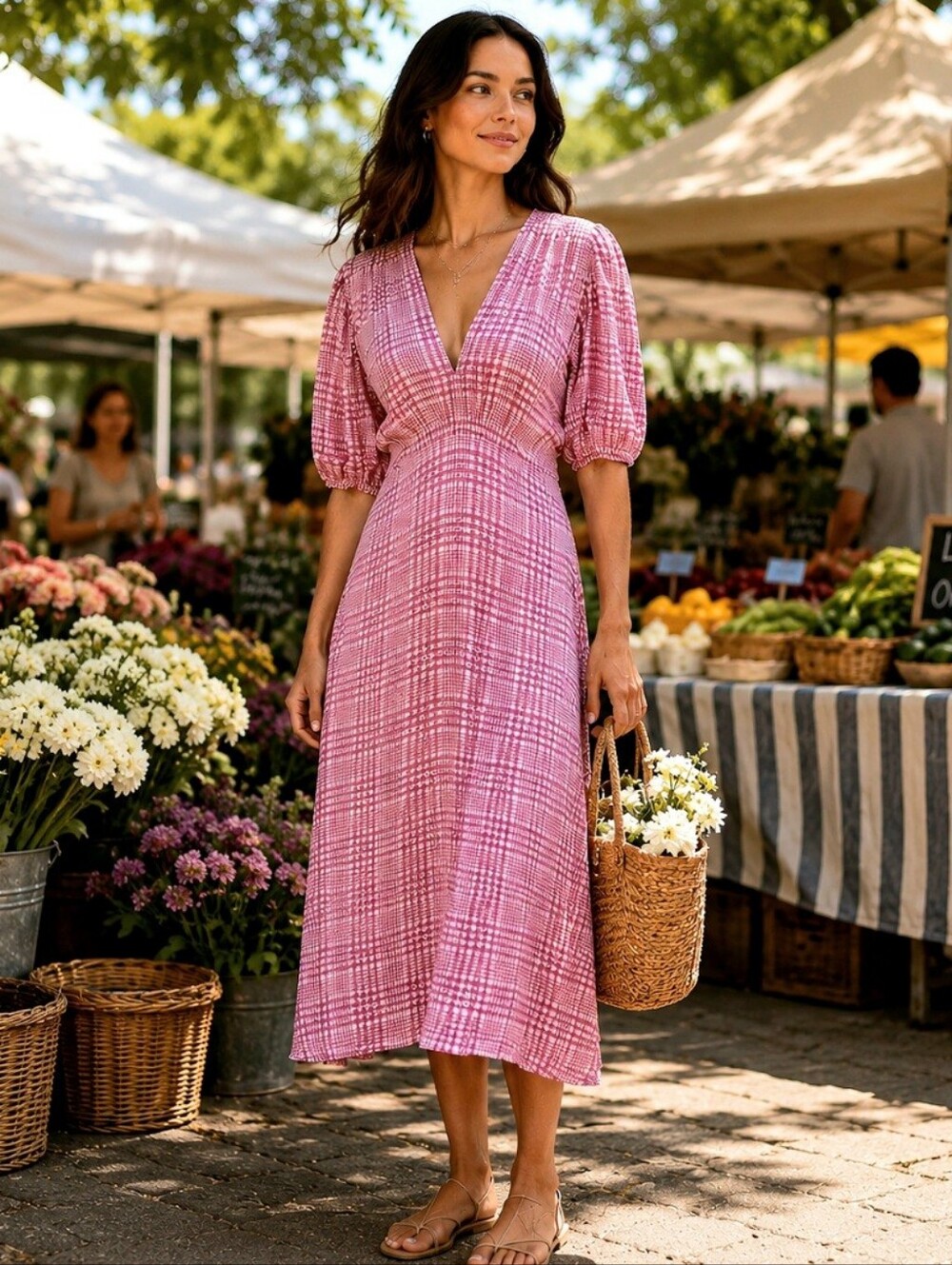 Faithfull the Brand Pink Plaid V‑Neck Midi Dress